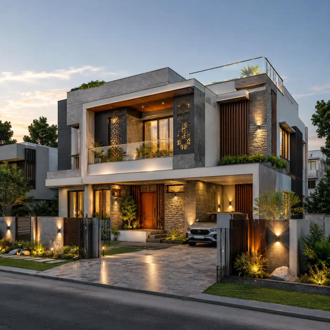Finished home exterior with landscaped front yard