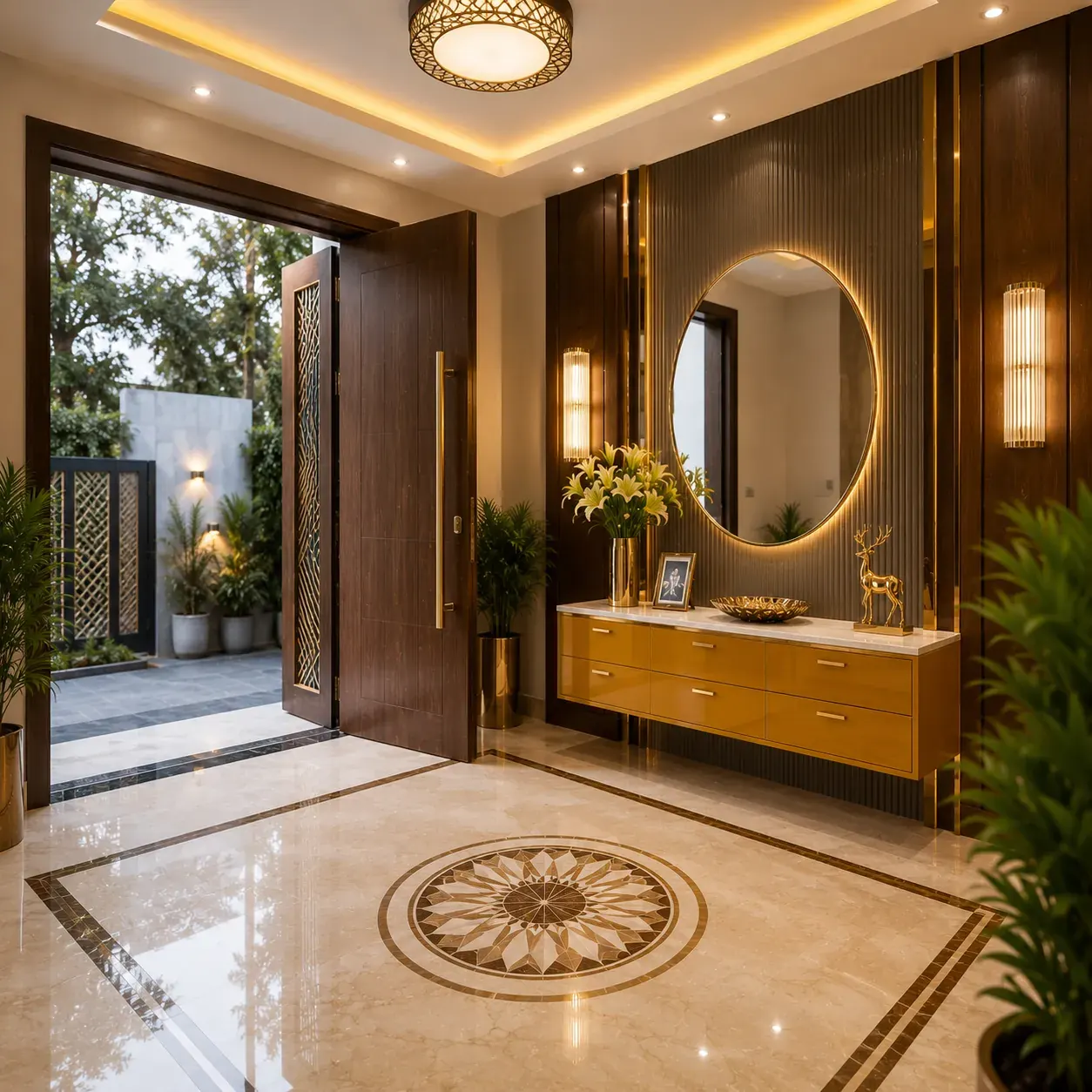 Modern foyer design with mirror and shoe storage