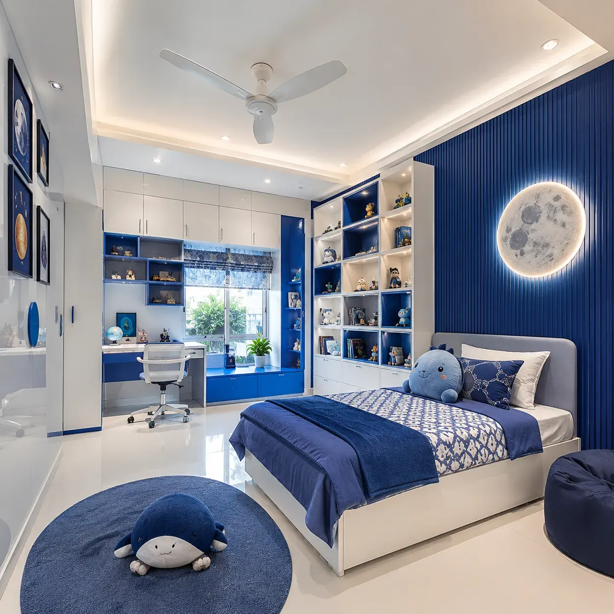 Kids bedroom design with study table and storage