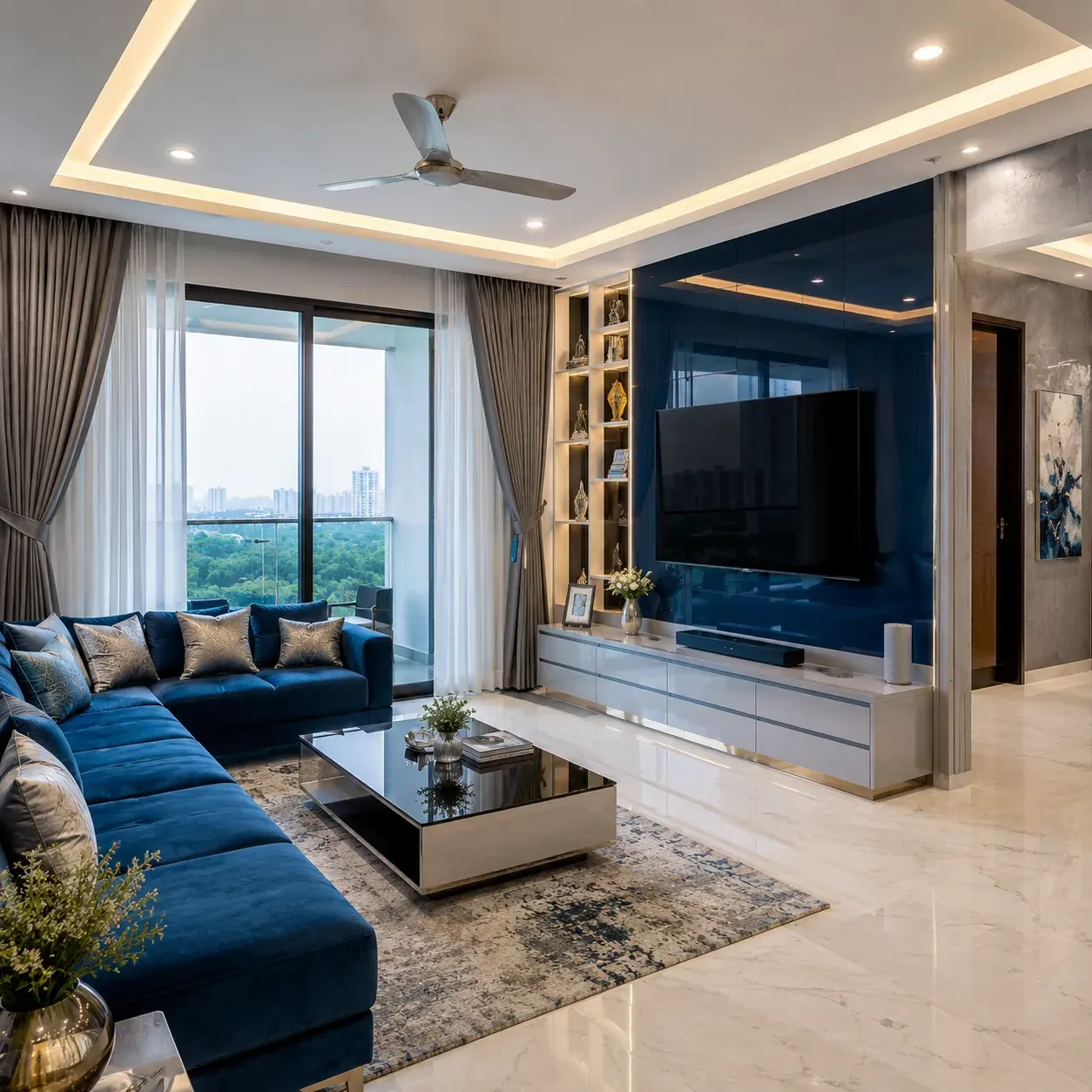 Modern living room with sofa seating and daylight